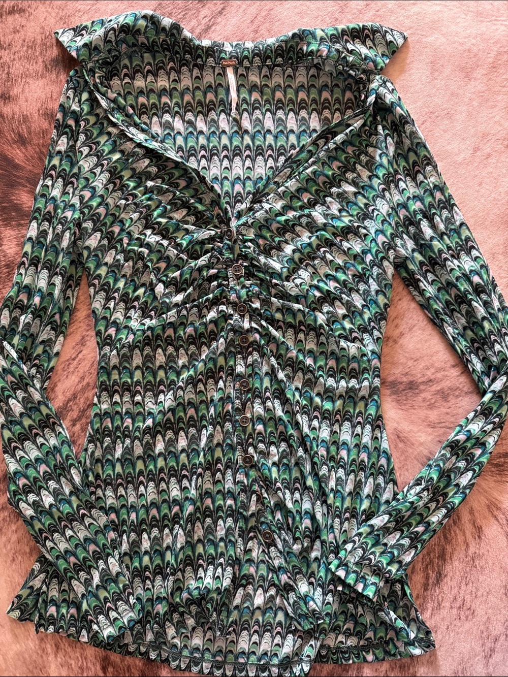 Free People Green Black White Patterned Ruched Button-Front Top